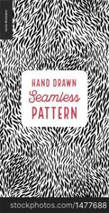 Hand drawn black and white pattern. Fur or leaves seamless black and white pattern. Hand drawn black and white pattern