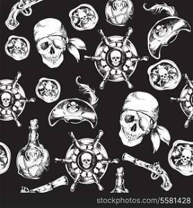 Hand drawn black and white pirates seamless pattern with hat rum bottle gun vector illustration