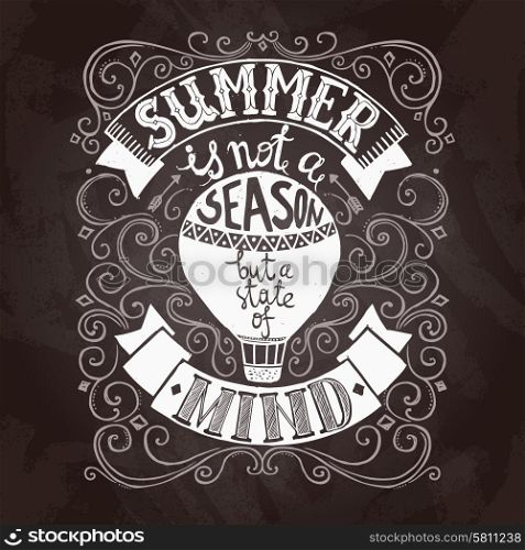 Hand drawn black and white summer poster with hot air balloon vector illustration. Summer Poster Black