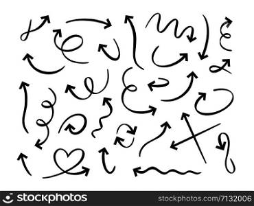 Hand drawn black arrows. Curved scribble arrow, sketch pointer line and doodle vector set. Round, twisted navigation symbol. Direction arrowhead, motion index linear icons pack on white background. Hand drawn black arrows. Curved scribble arrow, sketch pointer line and doodle vector set. Round and twisted navigation sign. Direction arrowhead, motion pointer linear icons pack on white background