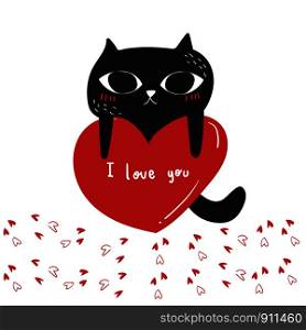 Hand-drawn black cat vector.Love illustration.