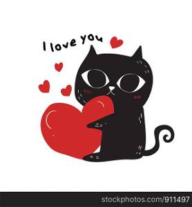 Hand-drawn black cat vector.Valentine's Day illustration.