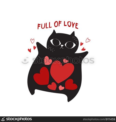 Hand-drawn black cat vector.Valentine's Day illustration vector.