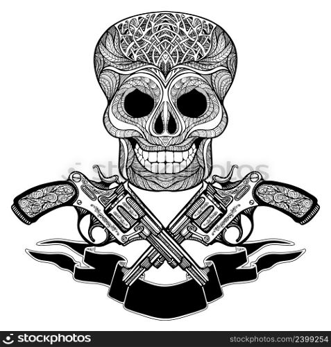 Hand drawn black crossed guns with ornaments ribbon and skull on white background vector illustration . Crossed Guns With Ornaments Ribbon And Skull