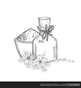 Hand-drawn black cumin oil with seeds. Vector sketch illustration . Black cumin oil with seeds. Sketch illustration