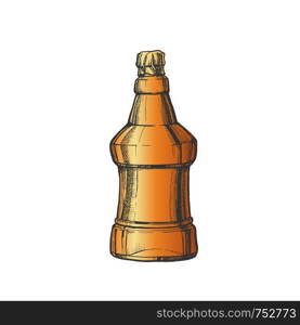 Hand Drawn Blank Embossed Bottle Of Beer . Ink Design Mockup Modern Bottle Of Alcoholic Liquid With Foil On Top. Color Glass Or Plastic Container Cartoon Illustration. Hand Drawn Color Embossed Bottle Of Beer Vector