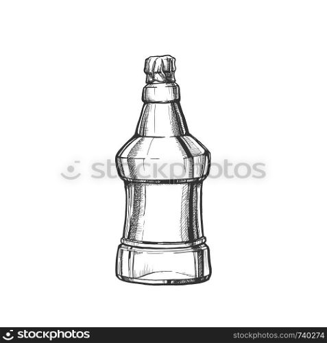 Hand Drawn Blank Embossed Bottle Of Beer Vector. Ink Design Mockup Modern Bottle Of Alcoholic Liquid With Foil On Top. Monochrome Black And White Glass Or Plastic Container Cartoon Illustration. Hand Drawn Blank Embossed Bottle Of Beer Vector