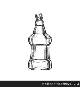 Hand Drawn Blank Embossed Bottle Of Beer Vector. Ink Design Mockup Modern Bottle Of Alcoholic Liquid With Foil On Top. Monochrome Black And White Glass Or Plastic Container Cartoon Illustration. Hand Drawn Blank Embossed Bottle Of Beer Vector