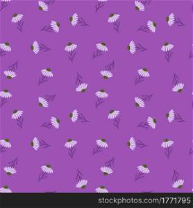 Hand drawn bloom seamless pattern with random little chamomile flowers shapes. Purple pastel background. Decorative backdrop for fabric design, textile print, wrapping, cover. Vector illustration.. Hand drawn bloom seamless pattern with random little chamomile flowers shapes. Purple pastel background.