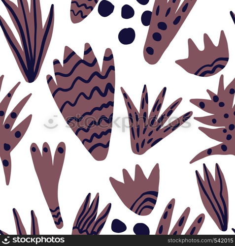 Hand drawn blots backdrop. Contemporary seamless pattern. Modern abstract shapes. Concept trendy fabric textile design on purple background. Hand drawn blots backdrop. Contemporary seamless pattern.
