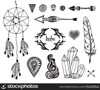 Hand-drawn boho collection with arrows, crystal, feather, dreamcatcher, ethnic elements for design. Vector ethnic, tribal, aztec, hipster elements set. Hand-drawn boho collection with arrows, crystal, feather, dreamcatcher, ethnic elements for design.