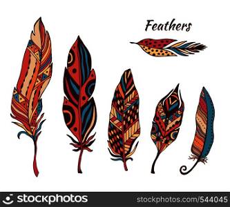Hand drawn boho feathers vector collection. Set of doodle ethnic color feathers. Cute zentangle feather for your design. For greeting card and postcard, henna and tattoo design. Hand drawn boho feathers vector collection. Set of doodle ethnic color feathers. Cute zentangle feather