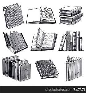 Hand drawn book. Retro sketch engraving monochrome notebooks. Library and bookstore elements, pile of old books vector vintage engraved sketched dictionary or magazine set. Hand drawn book. Retro sketch engraving monochrome notebooks. Library and bookstore elements, pile of old books vector set