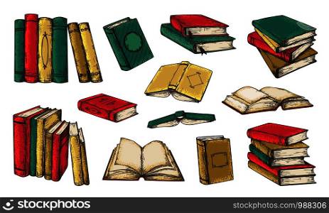 Hand drawn books. Colored vintage piles and stacks of book, reading and writing textbook concept. Vector isolated image educational retro illustration set in bookstore or library on white background. Hand drawn books. Colored vintage piles and stacks of book, reading and writing concept. Vector educational retro illustration set