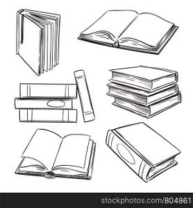 Hand drawn books, paper magazine and school textbooks. Sketch book piles. Doodle bookshop and education vector retro set isolated. Illustration of book sketch, textbook for education. Hand drawn books, paper magazine and school textbooks. Sketch book piles. Doodle bookshop and education vector retro set isolated