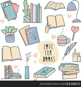 Hand drawn books set. Love for books concept. Reading doodle style sketch. Hobby reading simple line icon, isolated vector illustration