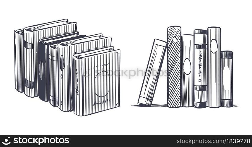 Hand drawn books. Sketch engraving monochrome notebooks. Stack of textbooks, library and bookstore drawing elements, literature publications, reading book objects, vector isolated sketch style set. Hand drawn books. Sketch engraving monochrome notebooks. Stack of textbooks, library and bookstore drawing elements, literature publications, reading book, vector isolated sketch style set