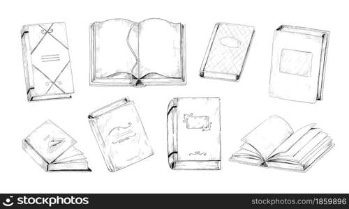 Hand drawn books. Vintage engraving of student and school reading library. Isolated black and white graphic sketches of open or closed textbooks with bookmarks in hard covers. Vector literature set. Hand drawn books. Vintage engraving of student and school reading library. Black and white sketches of open or closed textbooks with bookmarks in hard covers. Vector literature set