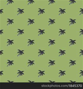 Hand drawn botany exotic seamless pattern with doodle coconut palm tree ornament. Pale green background. Designed for fabric design, textile print, wrapping, cover. Vector illustration.. Hand drawn botany exotic seamless pattern with doodle coconut palm tree ornament. Pale green background.