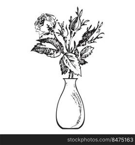 Hand drawn bouquet rose in vase. Flower, rosebud, branches, leaves engraving sketch. Isolated black lines on white background. Vector illustration, greeting card, logo, branding design, poster, print