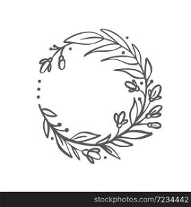 Hand drawn branches wreath. Vector floral design spring frame logo element for invitations, greeting cards, scrapbooking, posters with place for text. Vintage decor.. Hand drawn branches wreath. Vector floral design spring frame logo element for invitations, greeting cards, scrapbooking, posters with place for text. Vintage decor