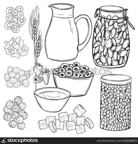 Hand drawn breakfast cereals set. Vector sketch illustration. Breakfast cereals. Vector illustration