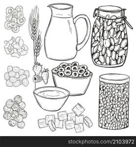 Hand drawn breakfast cereals set. Vector sketch illustration. Breakfast cereals. Vector illustration