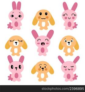 Hand drawn bunnies collection. Set of nine cute rabbits baby. Perfect for poster, stickers, textile and prints. Cartoon style vector illustration for decor and design.