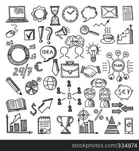 Hand drawn business icon set. Vector doodles illustrations isolate on white background. Sketch business time management, strategy and communication. Hand drawn business icon set. Vector doodles illustrations isolate on white background