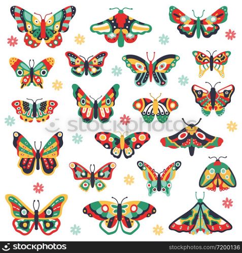 Hand drawn butterflies. Doodle colorful flying butterfly, cute drawing insects. Flower spring papillon vector illustration icons set. Butterfly insect drawing, floral pattern on wing. Hand drawn butterflies. Doodle colorful flying butterfly, cute drawing insects. Flower spring papillon vector illustration icons set