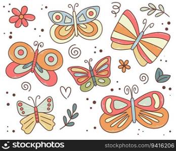 Hand drawn butterflies retro style. Cute moths baby collection. Butterfly, flower, leaf, foliage isolated doodle, vector illustration. Hand drawn butterflies retro style