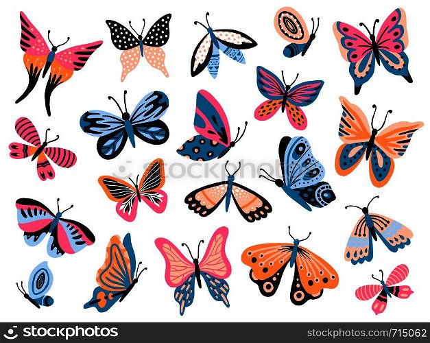 Hand drawn butterfly. Flower butterflies, moth wings and spring colorful flying insect. Drawing flying papillon butterfly isolated vector collection. Hand drawn butterfly. Flower butterflies, moth wings and spring colorful flying insect isolated vector collection