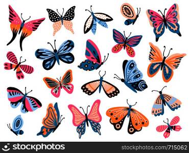 Hand drawn butterfly. Flower butterflies, moth wings and spring colorful flying insect. Drawing flying papillon butterfly isolated vector collection. Hand drawn butterfly. Flower butterflies, moth wings and spring colorful flying insect isolated vector collection
