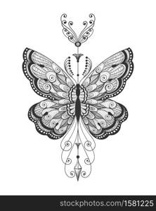 Hand drawn butterfly Tattoo on white background. Abstract mystic sign. vector Illustration.. Hand Drawn Butterfly Tattoo