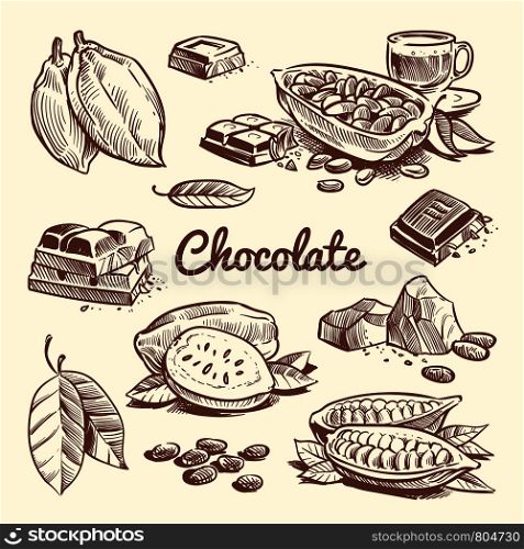 Hand drawn cacao, leaves, cocoa seeds, sweet dessert and chocolate bar. Cocoa sketch vector collection. Drawing chocolate sweet, sketch brown bean ingredient illustration. Hand drawn cacao, leaves, cocoa seeds, sweet dessert and chocolate bar. Cocoa sketch vector collection