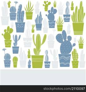 Hand drawn cacti in pots. Vector background.. Hand drawn cacti in pots.