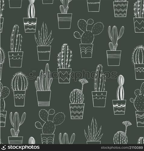 Hand drawn cacti in pots. Vector seamless pattern. Hand drawn cacti in pots.