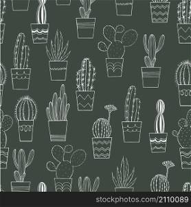 Hand drawn cacti in pots. Vector seamless pattern. Hand drawn cacti in pots.