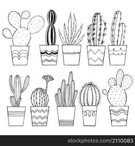 Hand drawn cacti in pots. Vector sketch illustration.. Hand drawn cacti in pots.