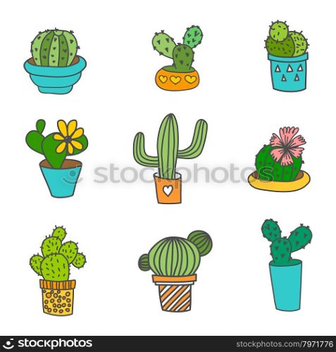 Hand Drawn Cactus Icons Set. 9 different types of cactus. Can be used as web, poster print, t-shirt print or logo design