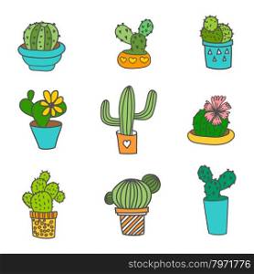 Hand Drawn Cactus Icons Set. 9 different types of cactus. Can be used as web, poster print, t-shirt print or logo design