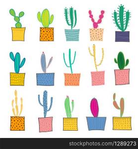 Hand drawn cactus in the pots. Vector illustration.