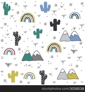 Hand drawn, cactus, mountain, rainbow pattern