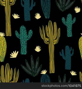 Hand drawn cactus seamless pattern. Doodle exotic wallpaper. Cacti vector backdrop. Succulent flower endless textile illustration. Backdrop for textile or book covers, wrapping paper.. Hand drawn cactus seamless pattern. Doodle exotic wallpaper.