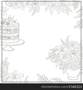 Hand drawn cake and flowers. Vector background. Sketch illustration.