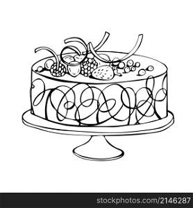 Hand drawn cake with berries. Vector sketch illustration.