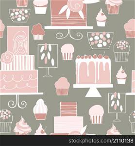 Hand drawn cakes and cupcakes. Wedding dessert bar with cake. Sweet table. Vector seamless pattern. Hand drawn cakes and cupcakes. Vector pattern