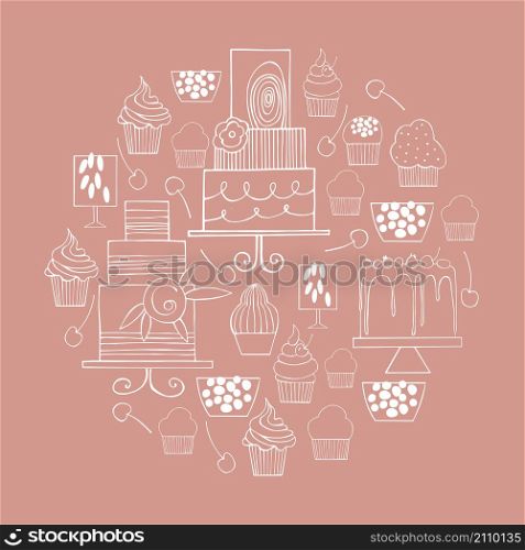 Hand drawn cakes and cupcakes. Wedding dessert bar with cake. Sweet table. Vector sketch illustration.. Wedding dessert bar with cake.