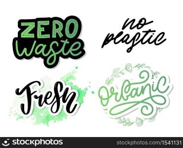 Hand Drawn Calligraphic Organic Icons Set. Hand Drawn Calligraphic Organic Icons Set Zero waste, Vegan, Save the planet, no plastic
