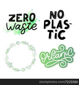 Hand Drawn Calligraphic Organic Icons Set. Hand Drawn Calligraphic Organic Icons Set Zero waste, Vegan, Save the planet, no plastic